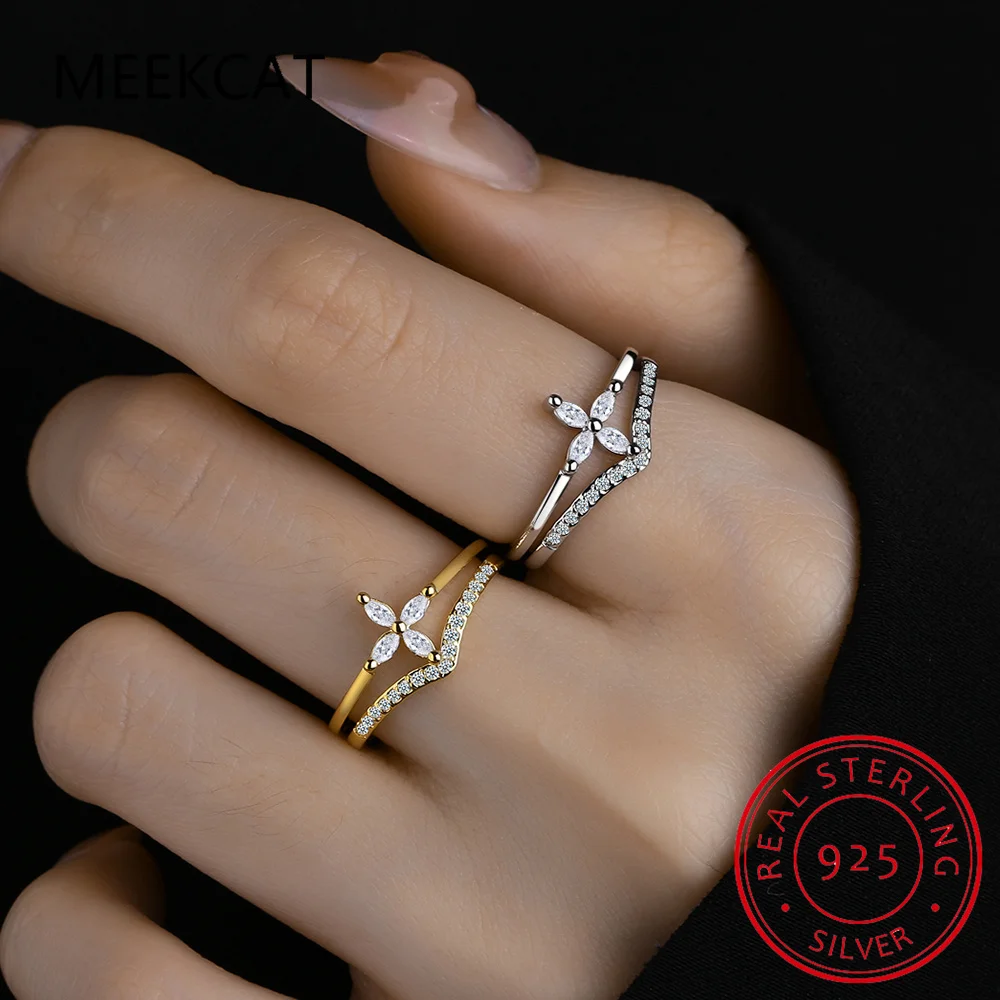 925 Sterling Silver Romantic Crystal Zircon Four Petals Flower Clover Ring for Women Sweet Fashion Wedding Party Jewelry BKJZ212