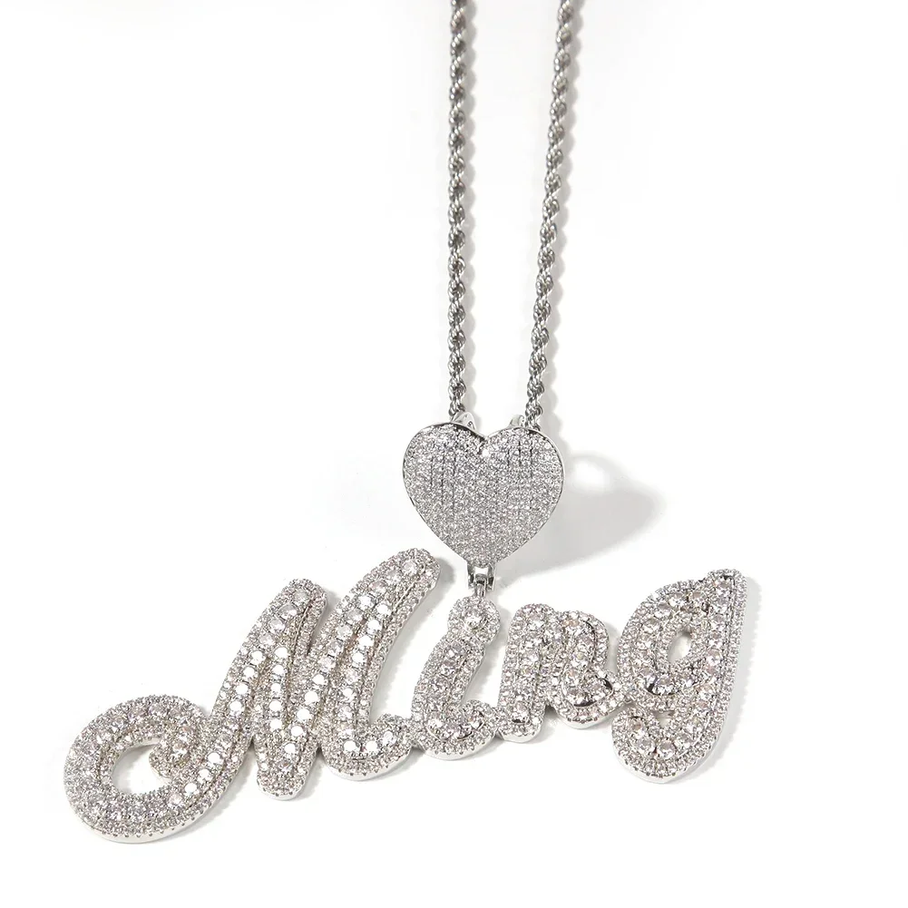 TopBling Heart Bail Custom Brush Script Bubble Letter Two Tone Pendant Micro Paved CZ Personalized Necklace Hiphop Jewelry