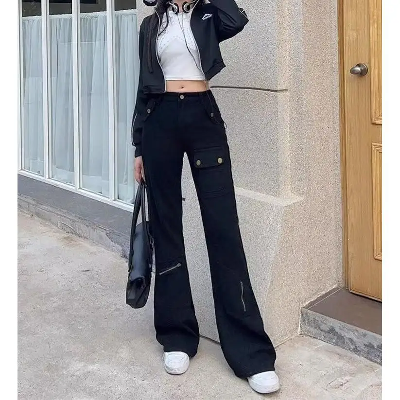 

Американские уличные джинсы с высокой талией, черные, облегающие, на молнии, в рабочем стиле, женские, весна-осень, свободные, прямые, универсальные, расклешенные, L...