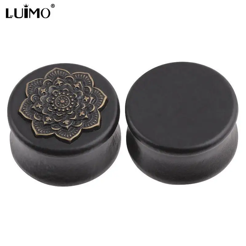 1PCS Natural Wood Ear Plugs Mandala Flower Tunnels Gauges Ear Piercing Expanders Body Earring Jewelry Black