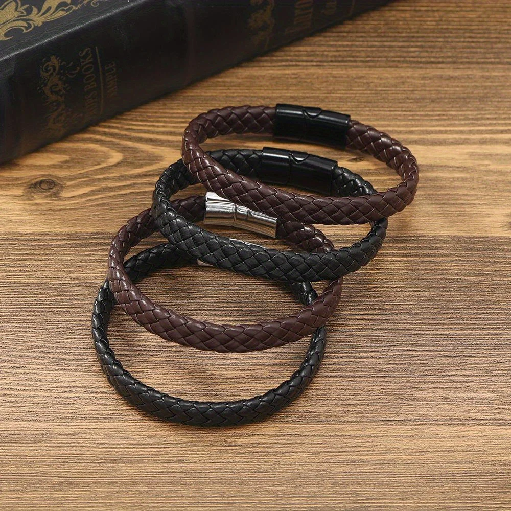 

10 Pcs Men Classic Braided Leather Bracelet Alloy Magnet Buckle Detachable Design Bangle Jewelry Wholesale Men Wristband Gift