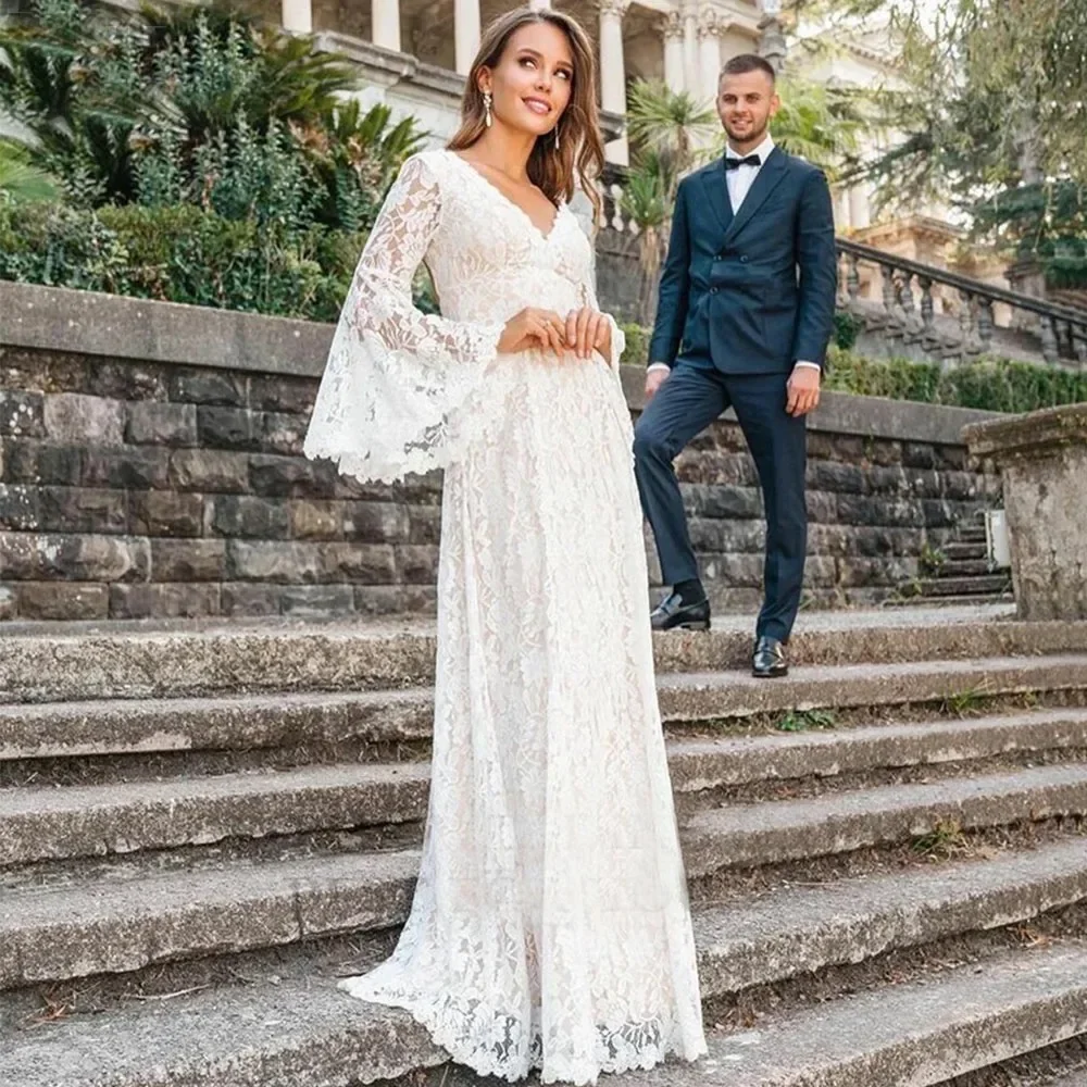 

customized Boho Wedding Dress Lace Women Flare Sleeve Elegant V Neck Long Bride Gown Open Back Floor Length Vestidos De Noiva