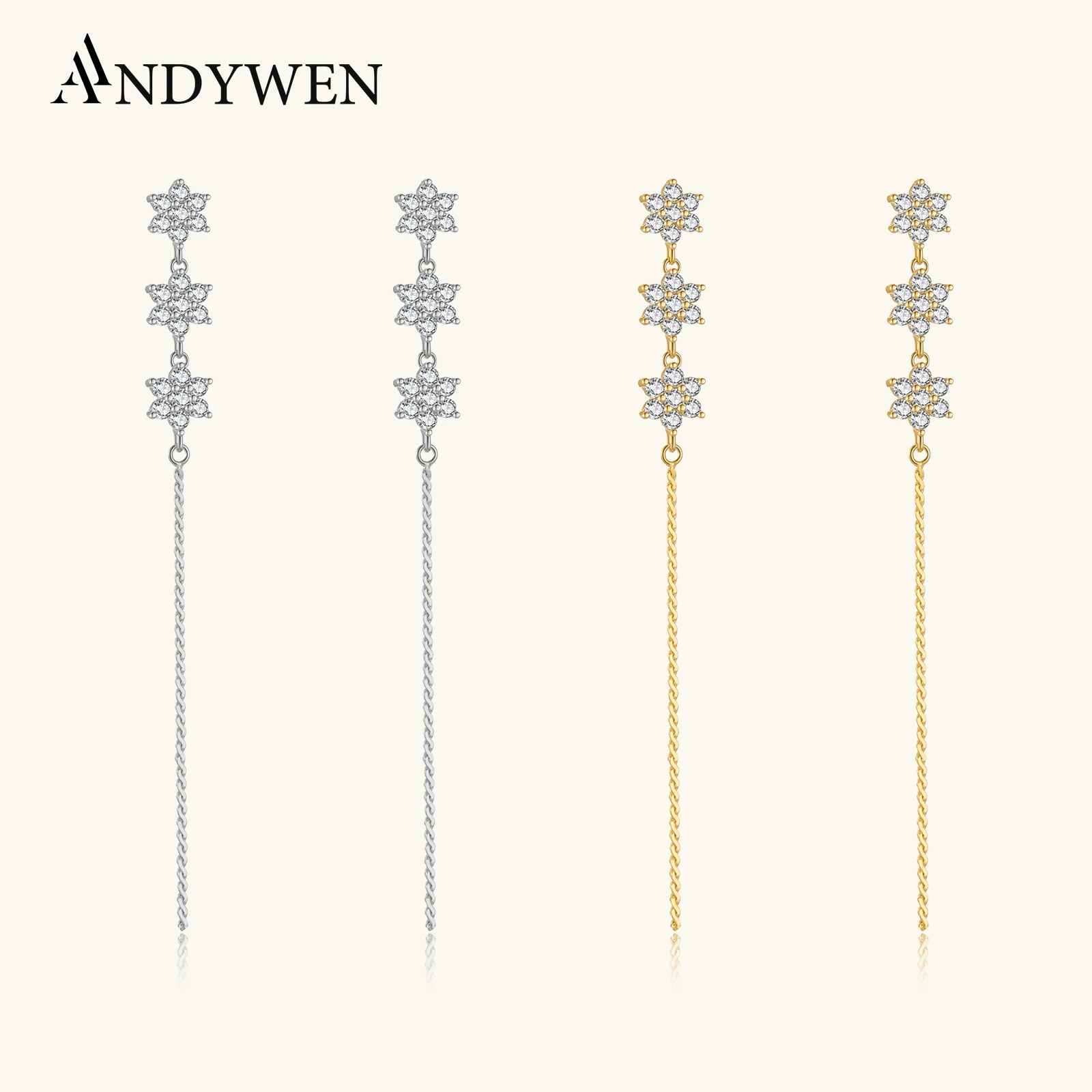 ANDYWEN 925 Sterling Silver Three Flower Long Chain Drop Earring Line Crystal Long Line 2026 Luxury Jewelry For Women Party