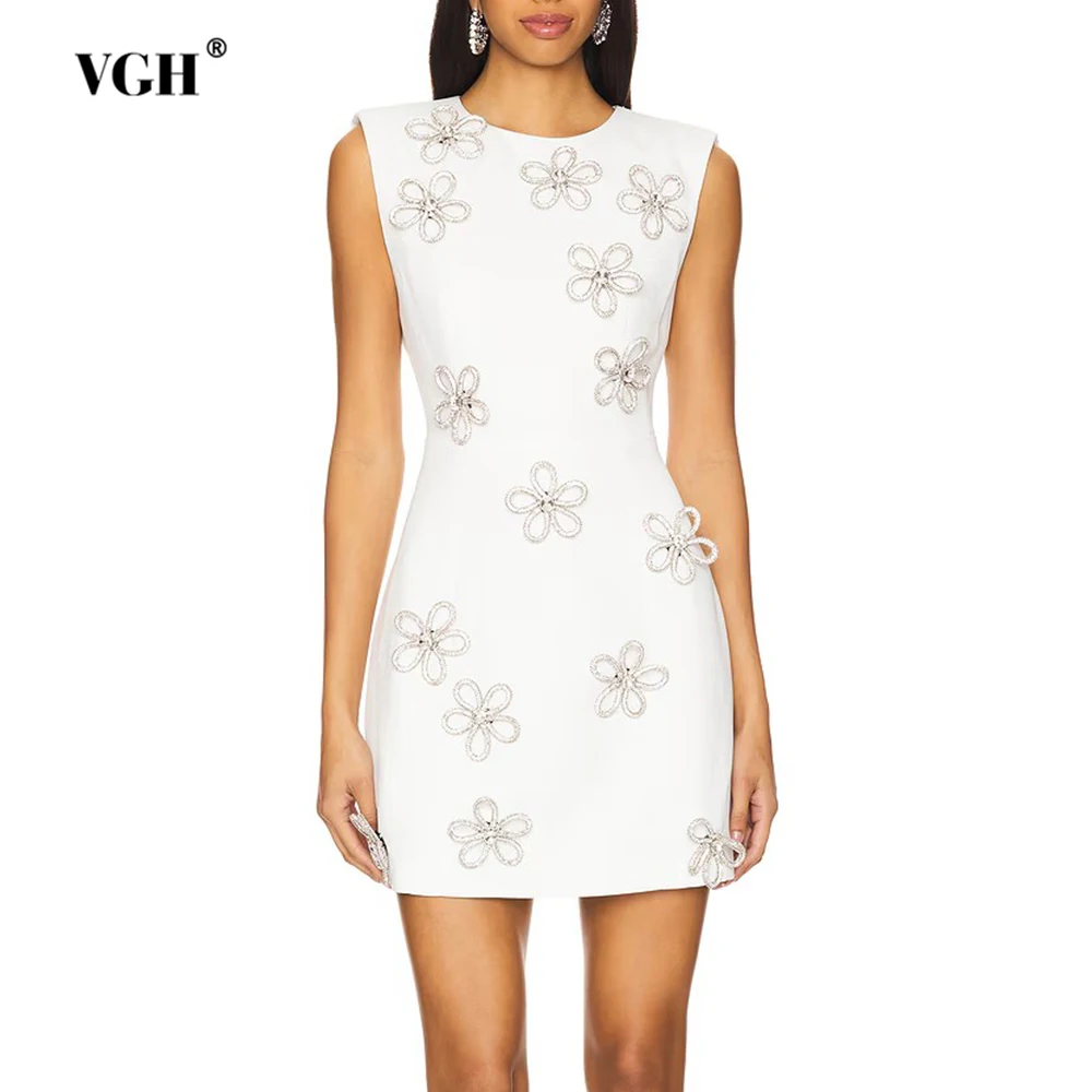 

VGH Solid Spliced Appliques Slimming Dresses For Women Round Neck Sleeveless High Waist Temperament Dress Female Fashion Style
