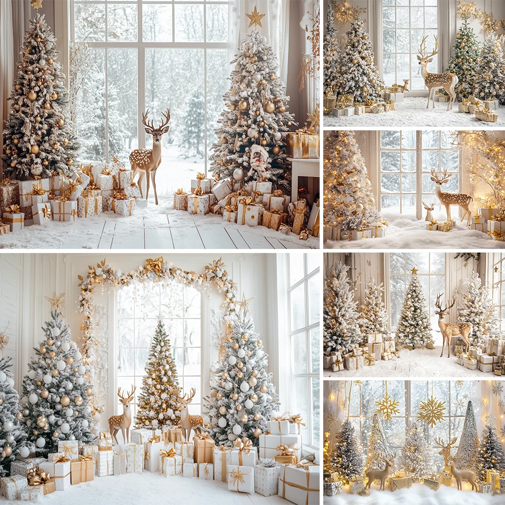 

Christmas Elk Photography Backdrop Outside Window Snow Winter Wonderland Family Kids Xmas Holiday Decor Background Photo Studio