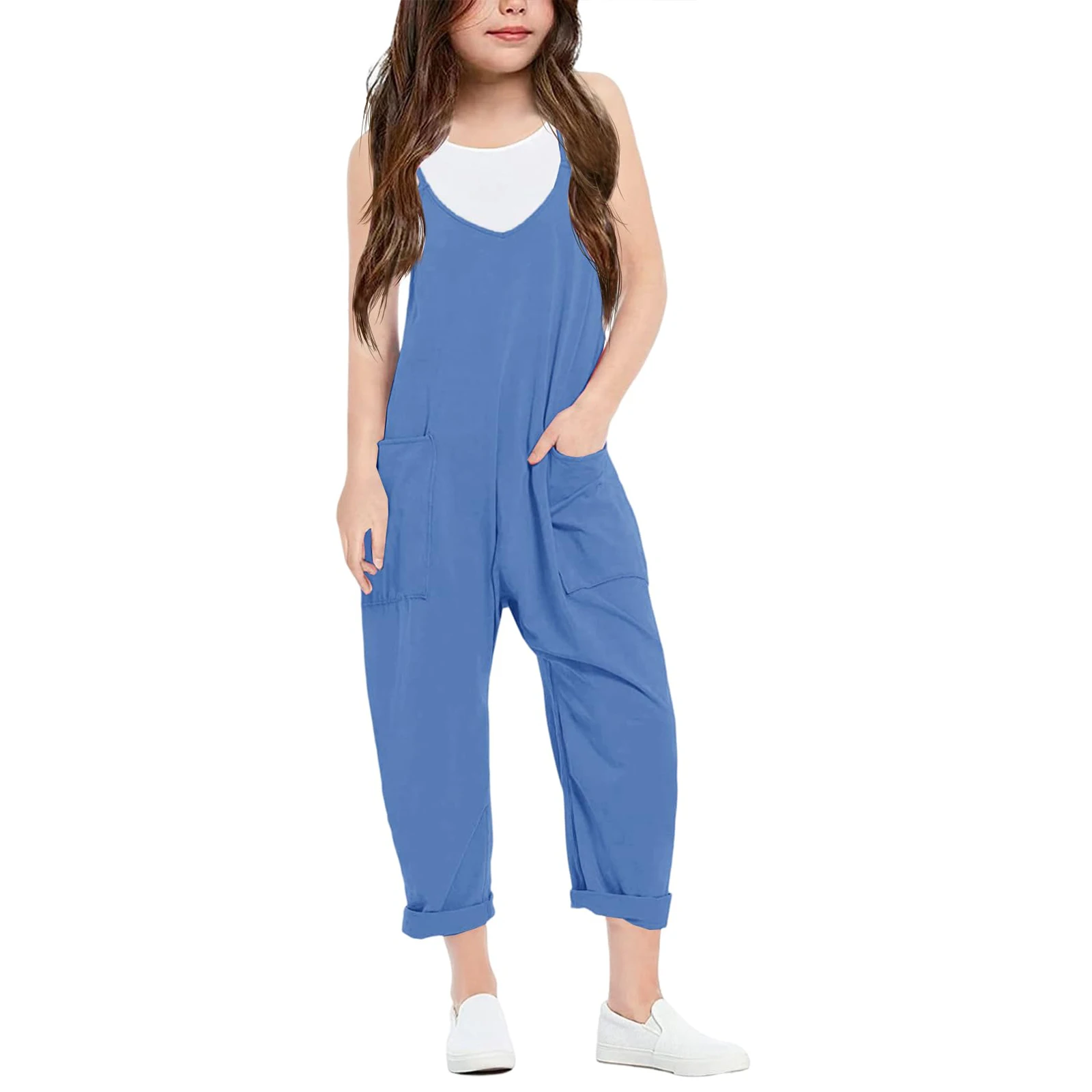 Summer fashion casual girls V-neck halter jumpsuit solid colour loose with pockets lightweight trousers girls