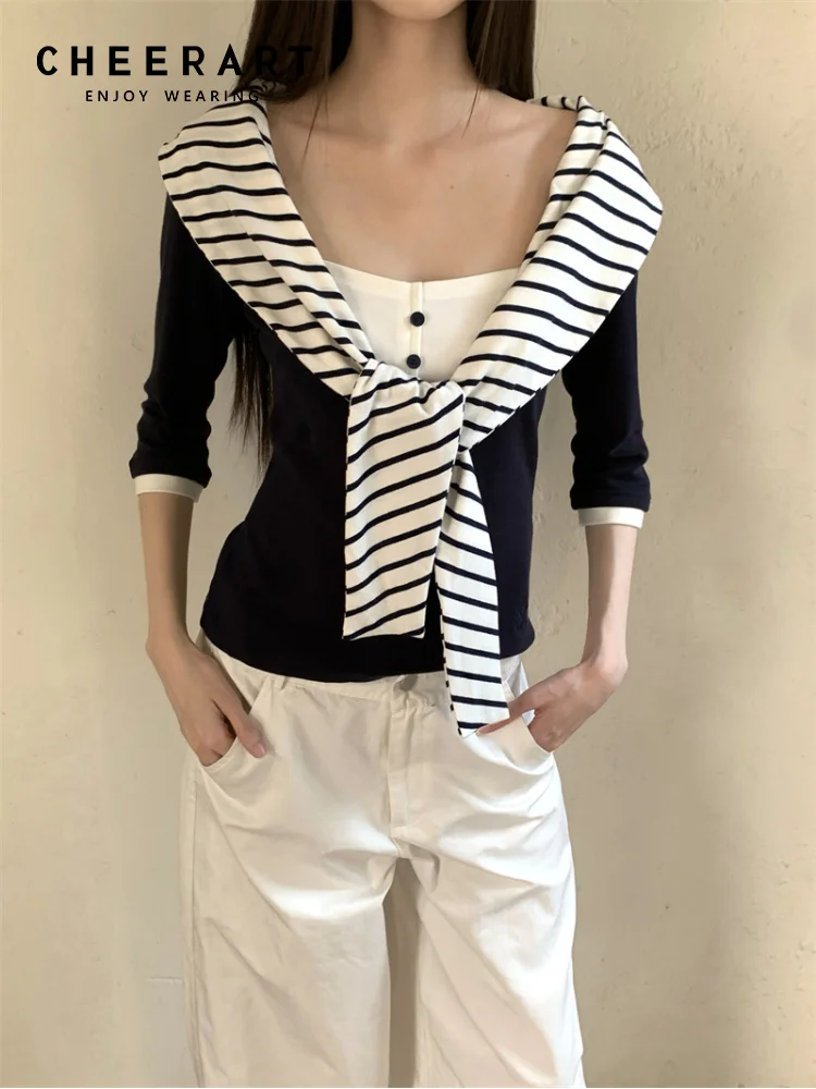 

CHEERART Sailor Collar Henry Neck Long Sleeve Knit Top For Woman 2025 Tie Front Patchwork T Shirt Blue Designer Knitwear Clothes