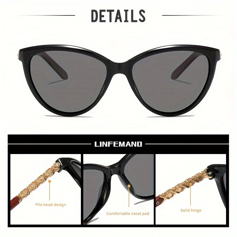 LINFEMAND Cat Eye Dekorative Mode Sonnenbrille UV400 Marke Graviertes Design Sommer Festival Geschenk – Detail 2