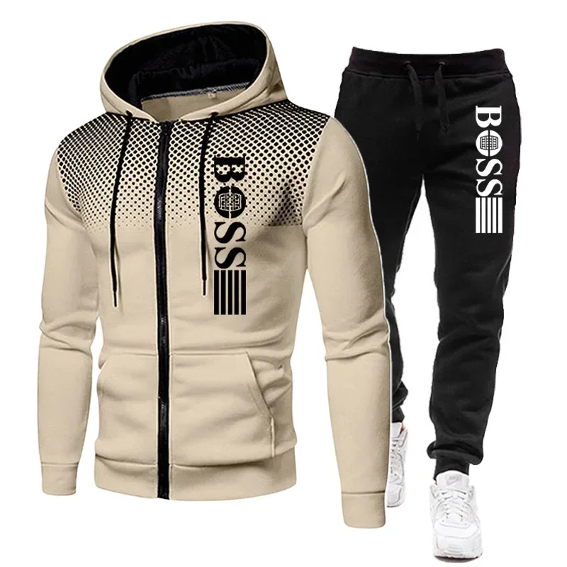 Men's Autumn and Winter Casual Jogging and Fitness Two-piece Outdoor Fashionable Zippered Hooded Jacket + Sweatpants Set