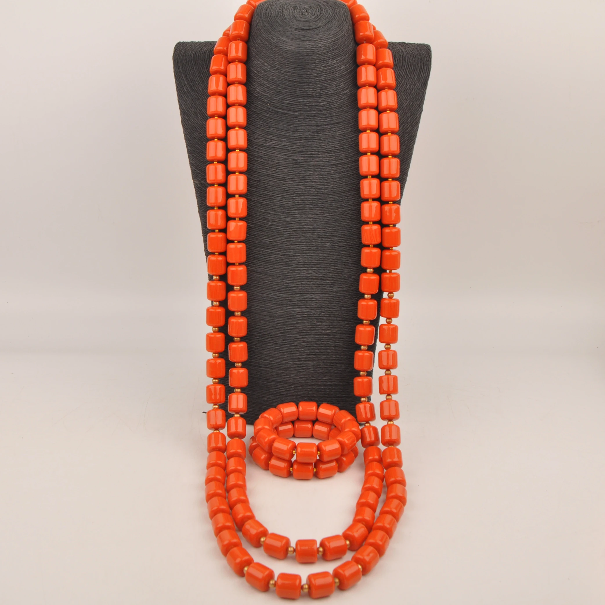 

50inches Orange Artificial Coral Men's Necklace African Wedding Groom Jewelry Set