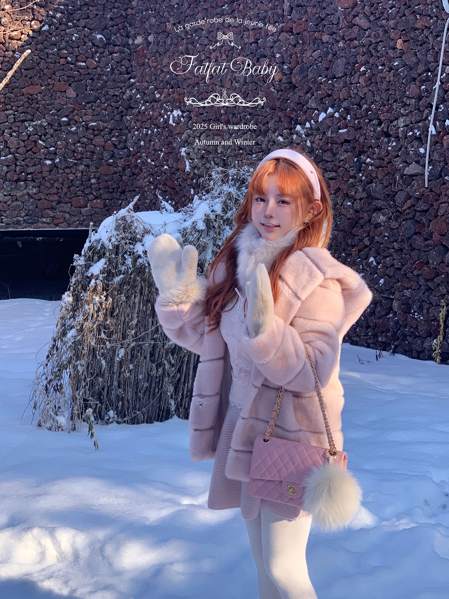 

Low Saturation Pink Rabbit Fur Hand Feel Heavy Work Hooded Jaet Princ Sle Straight Tube ape Long Sve Warm Coat fo...