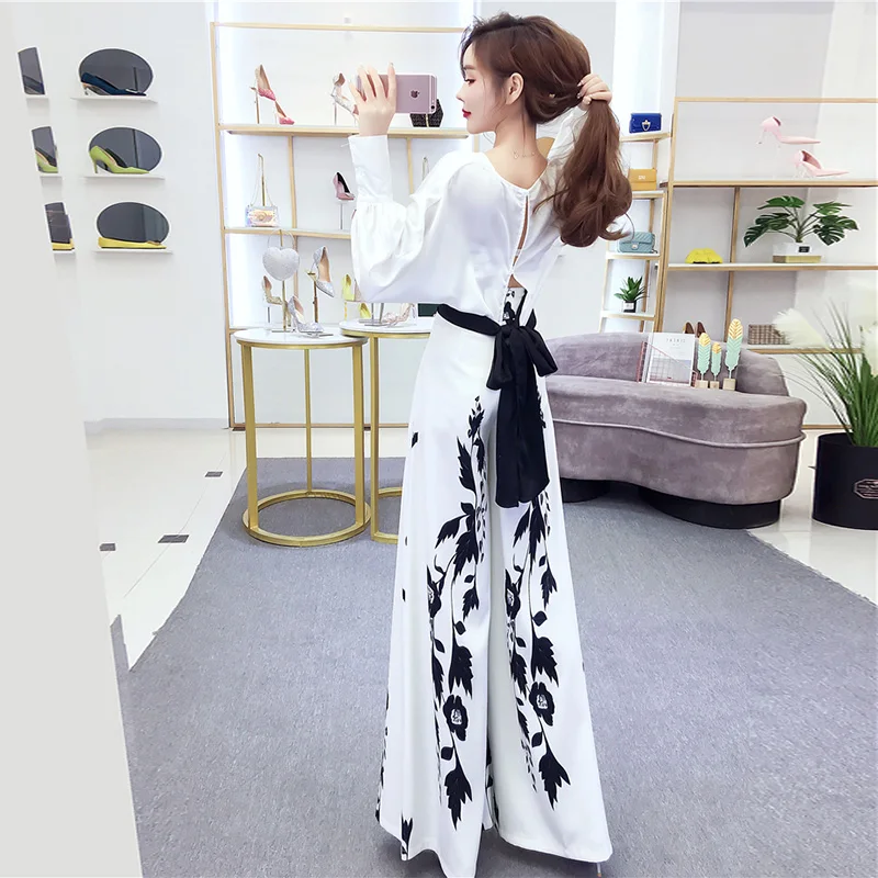 2022Spring Summer Suit Two-Piece Women Loose Long Sleeve Blouse With High Wasit Pants Set Shirt + Printed Wide-leg Culottes Lady