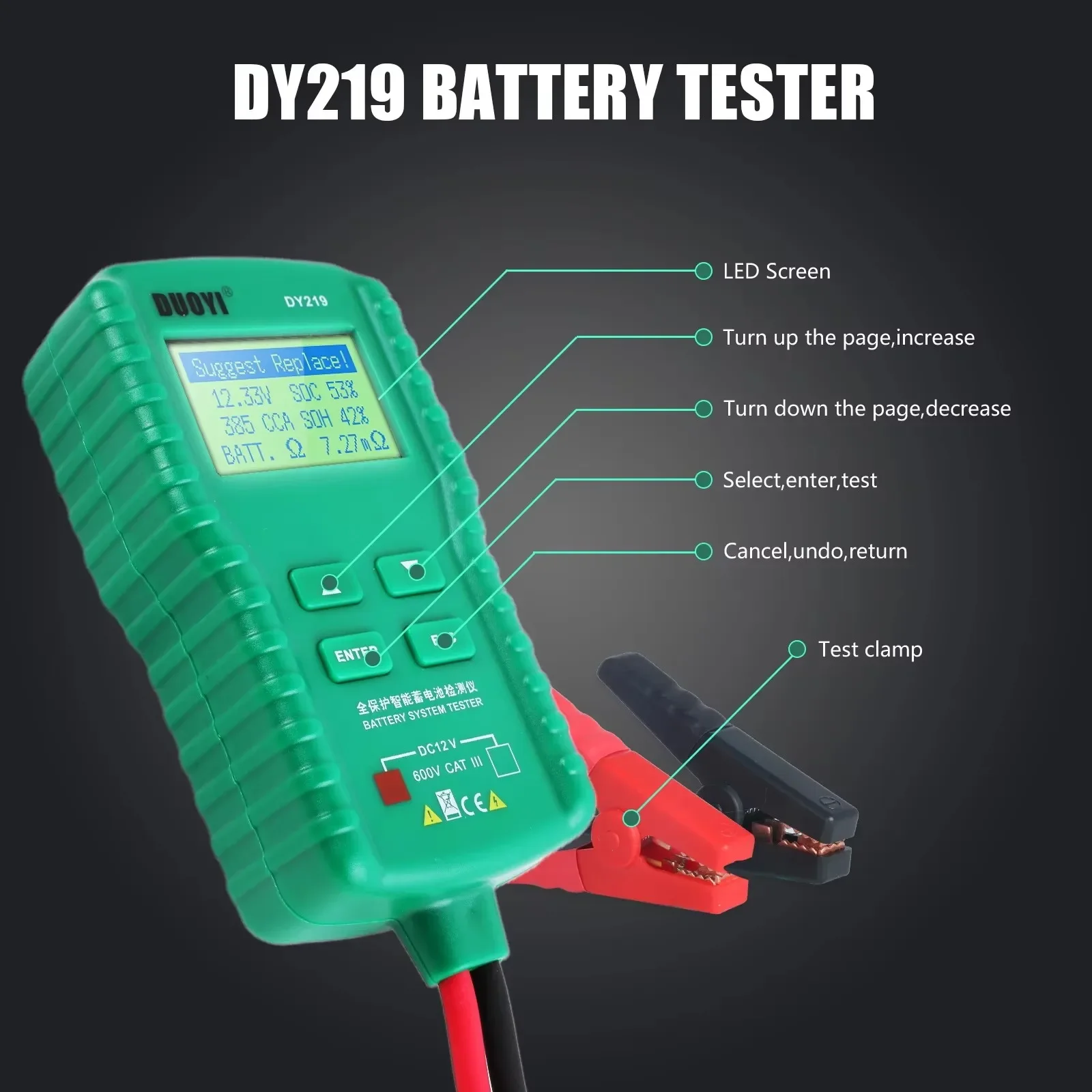 DUOYI DY219 12V Digitaler Batterietester Automotive AH 100-1000CCA Spannungs-Batterieanalysator Multifunktionales Diagnosewerkzeug – Detail 3
