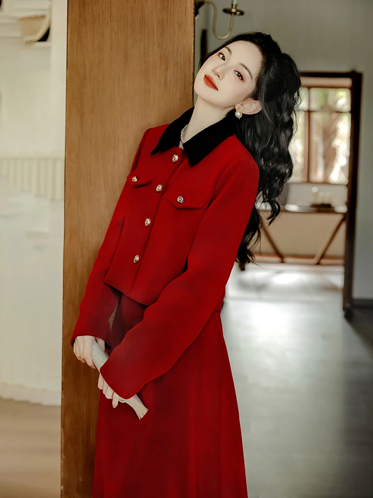 Conjunto rojo ajustado de dos piezas para mujer, abrigos cortos elegantes, Tops cortos con falda larga de cintura alta, Otoño e Invierno