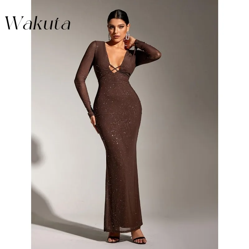 Wakuta Elegant ผู้หญิงเซ็กซี่ V คอเลื่อมแขนยาว Maxi ชุด Sparkly Ruched ชุดราตรี Vestidos De Fiesta