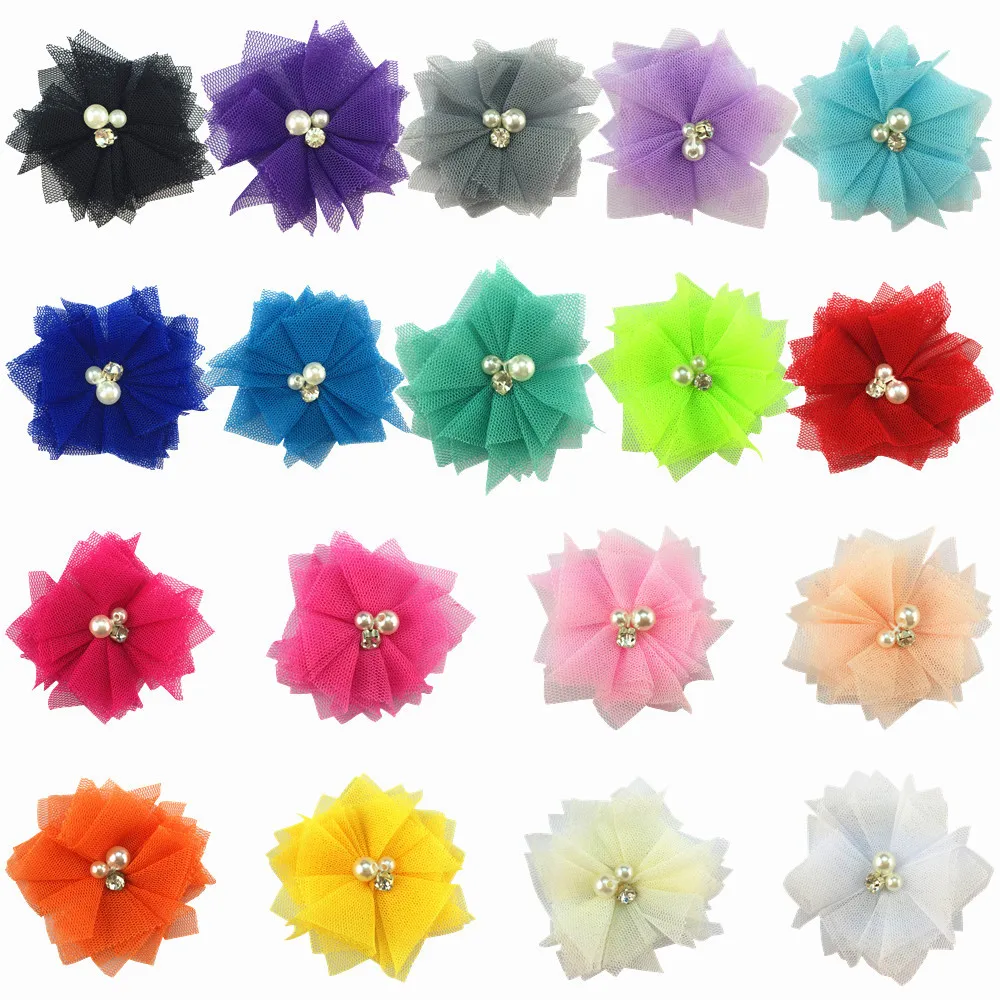 

500pcs 5cm Pearl With Diamonds Mesh Lace Flower Children's Baby Head Flower Hair Accessories