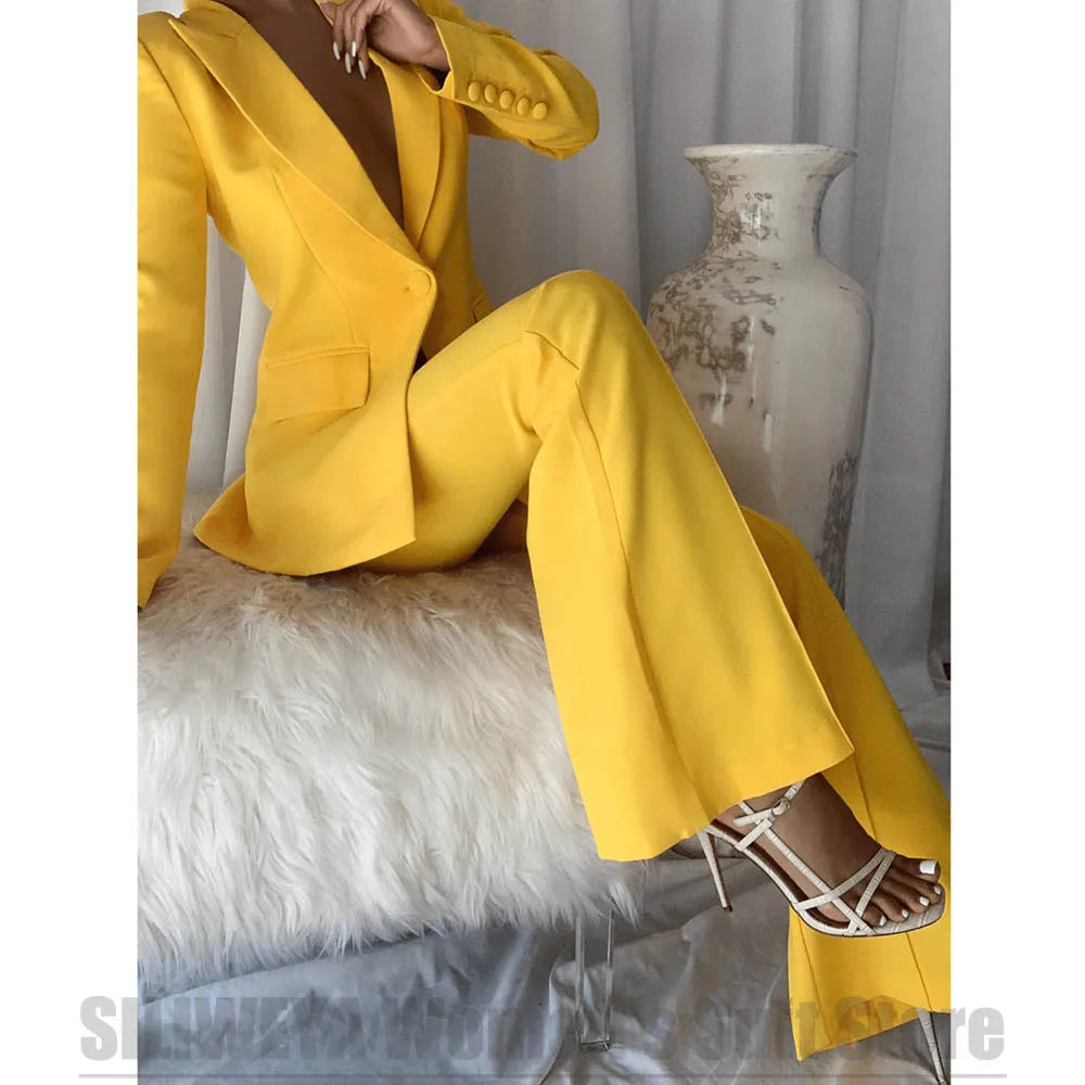 

Fashion Women's Suit Blazer with Flare Pants Set Peak Lapel Single Button Outfit Formal Party Casual Two Piece Stylish Suits
