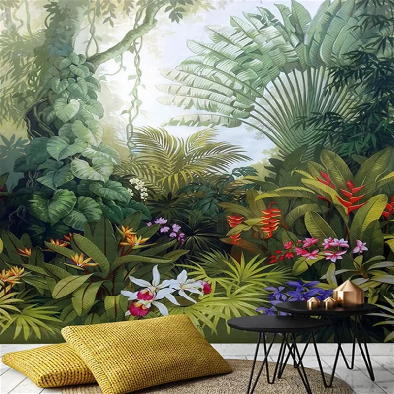 Custom Wallpaper European Style Retro Tropical Rain Forest Plant Scenery Photo Mural Living Room flower and birds wallpaper обои