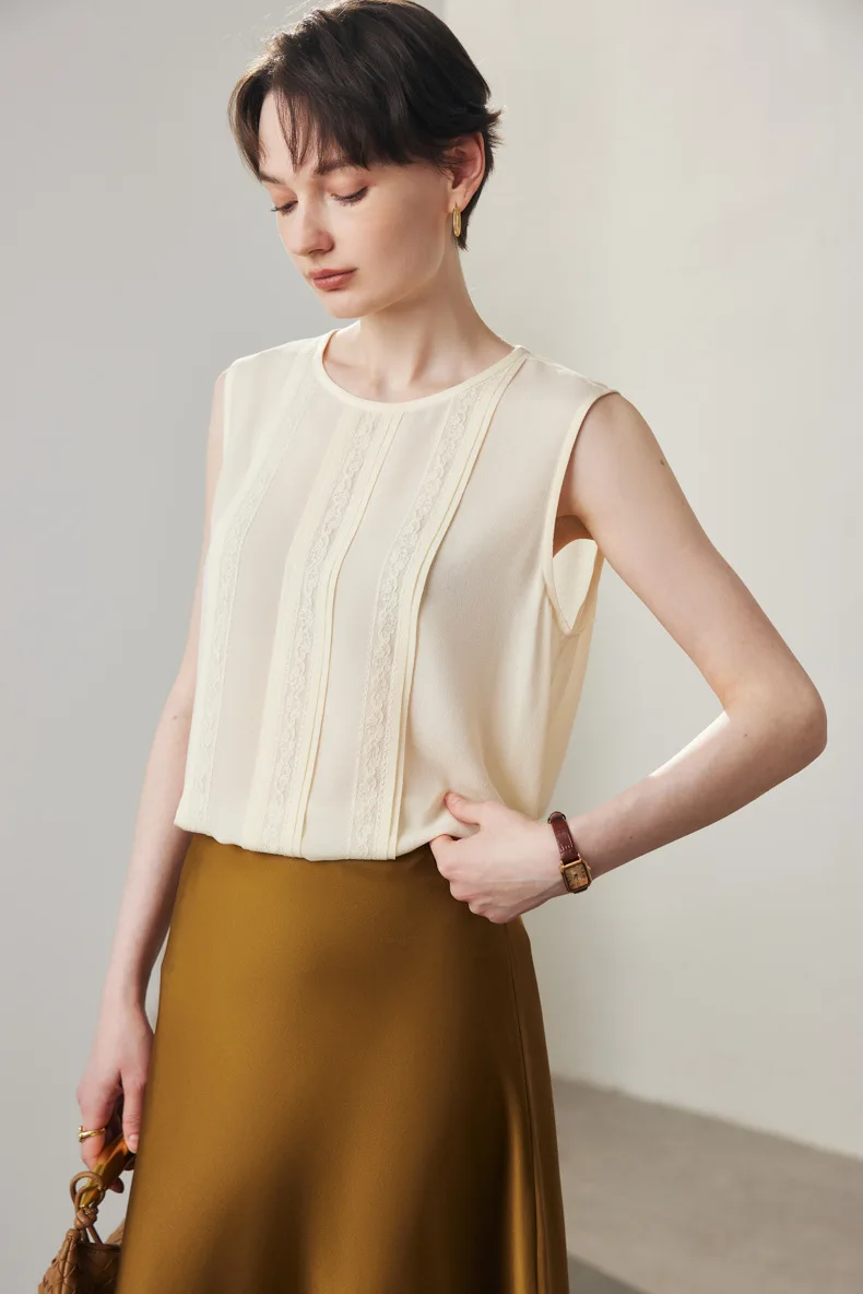 100% Silk Women's Blouse O Neck Sleeveless Ruffles Appliques Elegant Fashion Blouse Tops