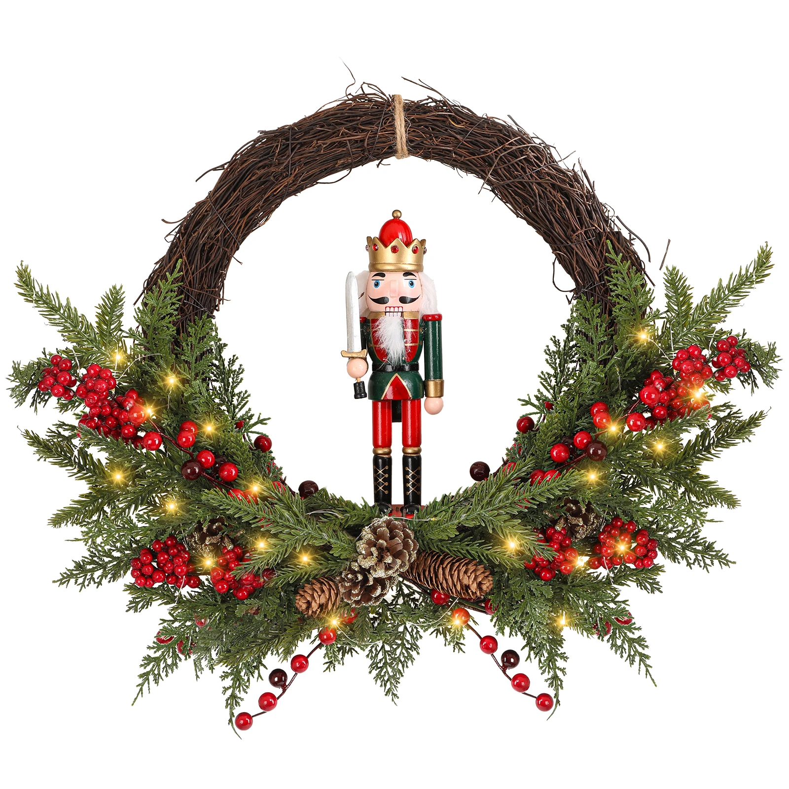 

24" Christmas wreath Christmas nutcracker wreath Christmas nutcracker and berry wreath 30 LED Lights, Battery Operated Christm