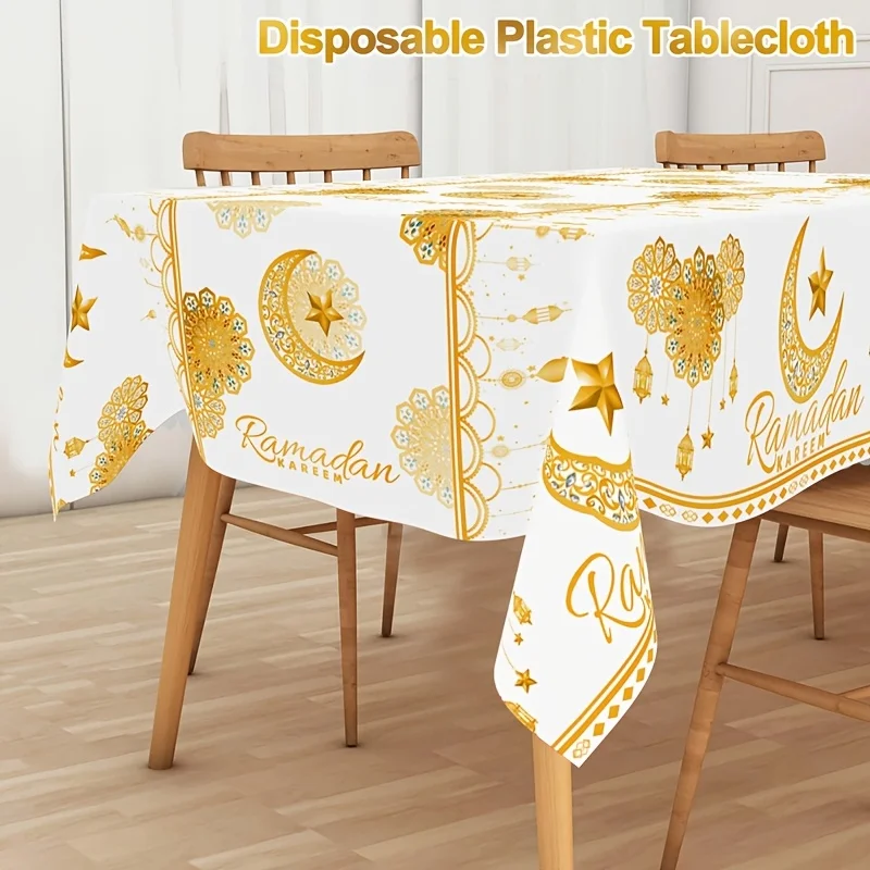 1pc White And Golden Ramadan Kareem Disposable Plastic Tablecloth, 51.18 X 86.61inch Moon And Lantern Star Pattern Black Table Cover, Machine-Made Islamic Muslim Party Decor for Eid Al Adha And Home Celebrations
