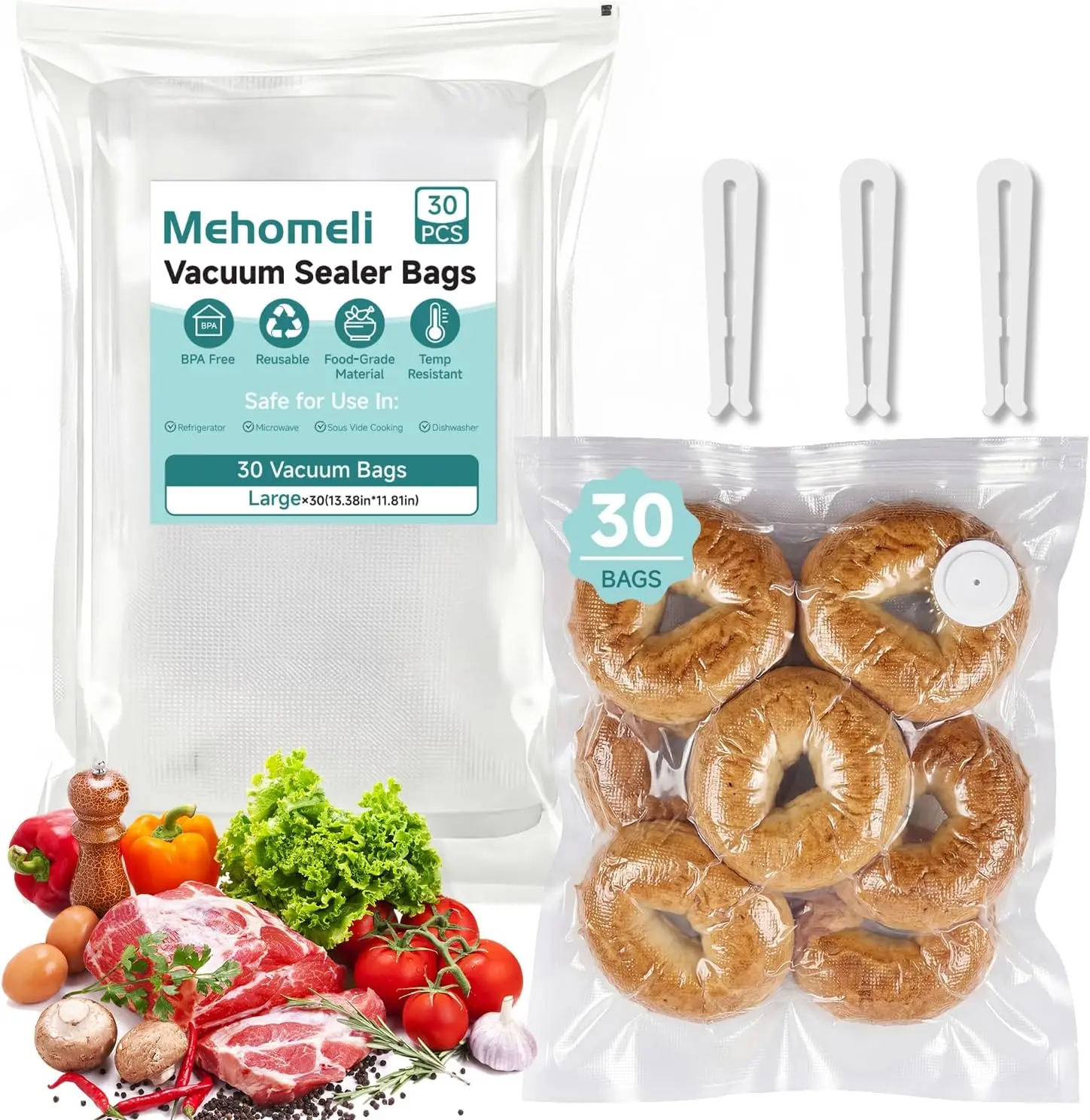 

Reusable Vacuum Sealer Bags for Food – 30 BPA-Free Large (11.8 x 13.4in) Food Storage Bags, Freezer Microwave Safe, Odor-Res