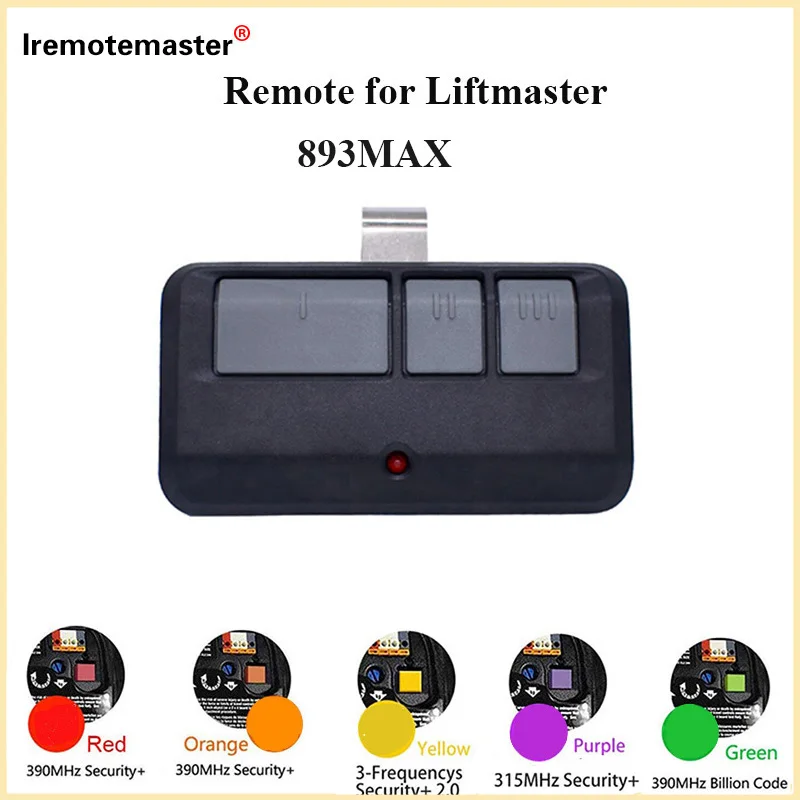 Abridor de porta de garagem remoto para Liftmaster, Learn Button, roxo, vermelho, laranja, verde, amarelo, 893MAX