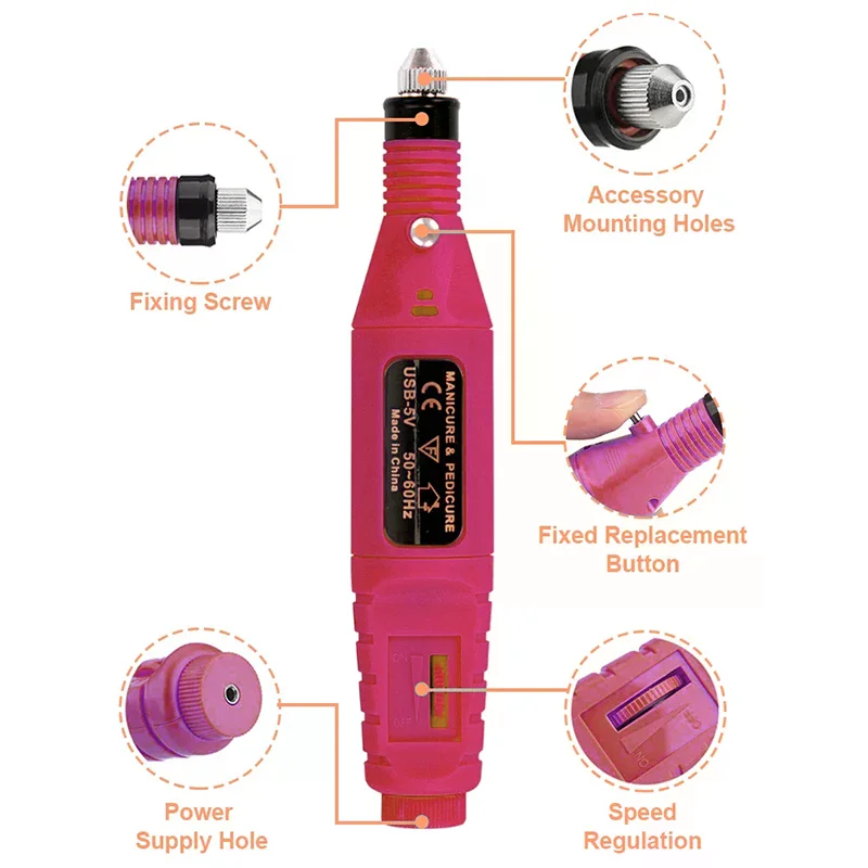 مجموعة ماكينة حفر الأظافر الكهربائية، مجموعة مانيكير وباديكير احترافية مع 6 لقم ثقب، قابلة لإعادة الشحن عبر USB وسرعة قابلة للتعديل #5