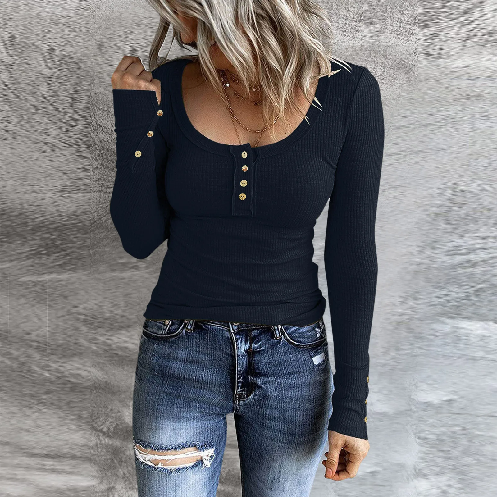 Women’s U Neck Solid Long Sleeve Henley T Shirts Button Down Slim Fit Tops Scoop Neck Ribbed Knit Shirts Skinny High Street Chic