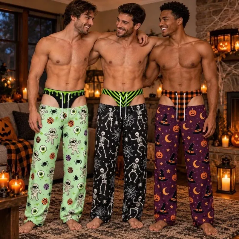 Two Fun Printed Wide Leg Pants for Men's Halloween Holiday, Boyfriend's Husband's Father's Preferred Gift Family Party Sleepwear