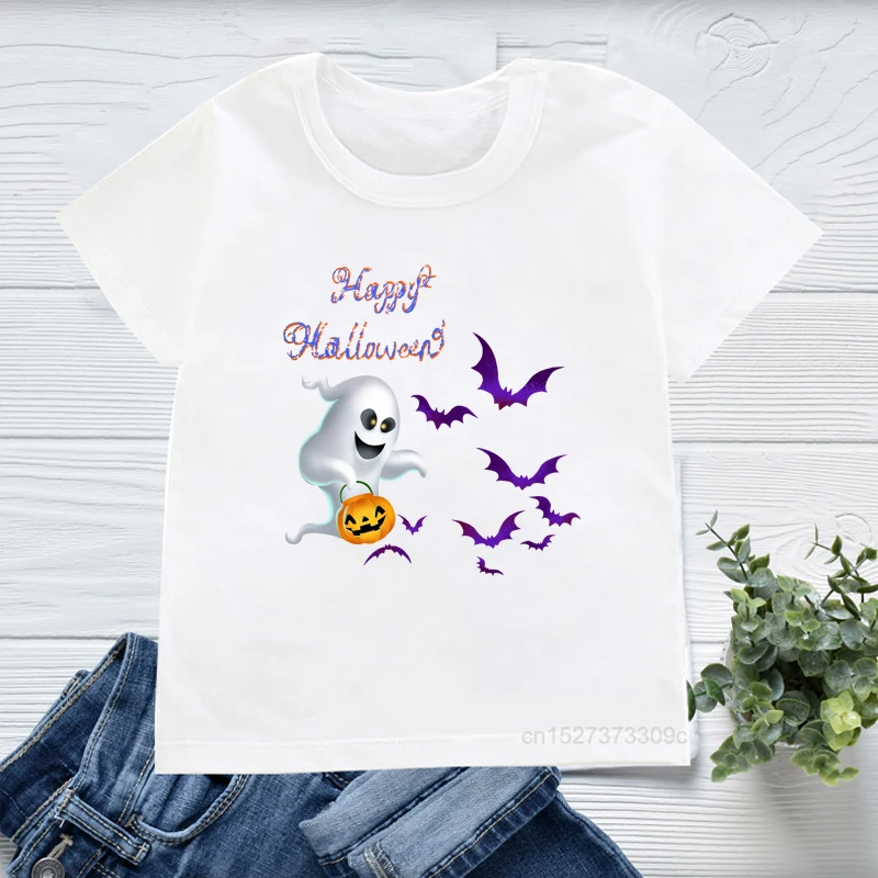 

Halloween Ghost Pumpkin Design Children'S T-shirt Kids Cute White Nice Round Neck Tee Tops Girls/Boys Funny Clothing