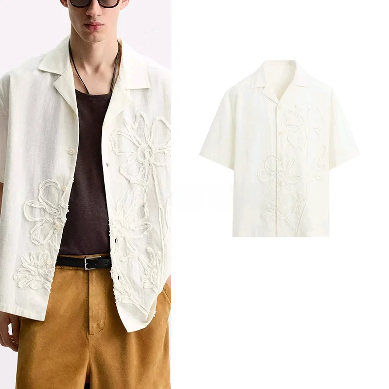 

Summer New Men's mat Sle Bowling irt Loose Cotton Casual ort Sve irt Cuban Collar Regular Fit Plant Floral