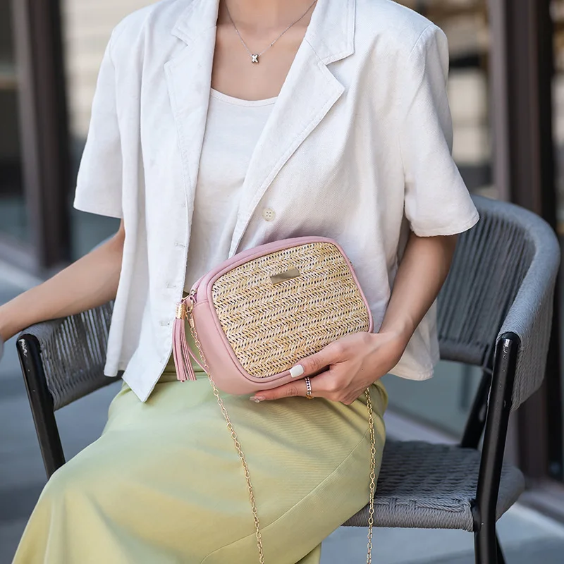 

Женская сумка через плечо, соломенная модная сумка на цепочке, простая маленькая квадратная сумка через плечо