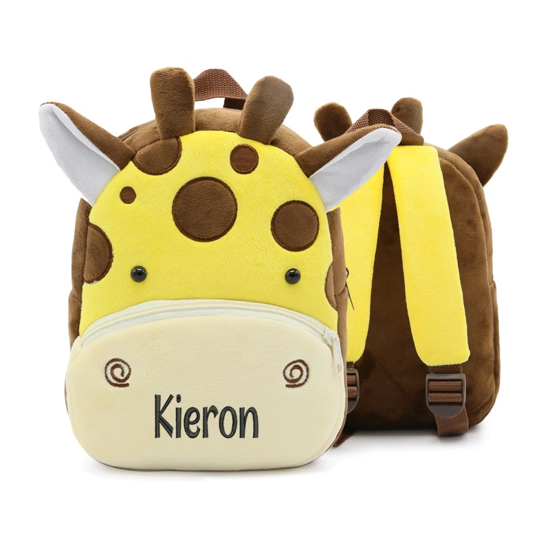 Personalised Animals Giraffe Kids Backpack Custom Name Plush Backpack Back to School for Children Boys Girls, 3-6 Years Old