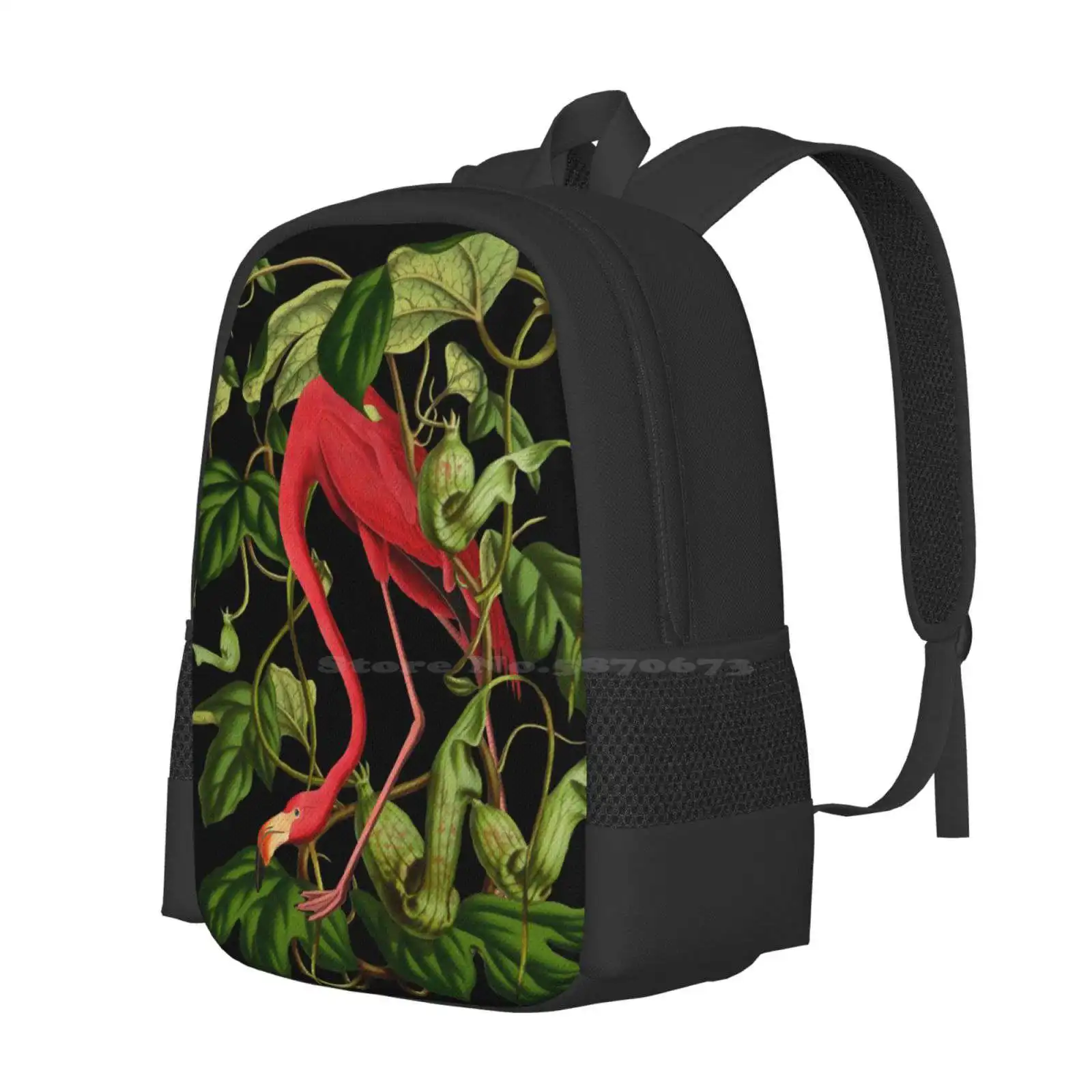 Flamingo New Arrivals Unisex Bags Student Bag Backpack Flamingo Pink Jungle Plants Tropical Exotic Animal Nature Green Black