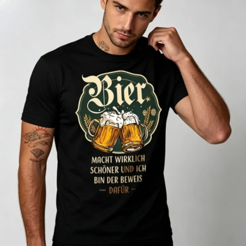 Men Crew Neck T‑Shirt Vintage Bier Beer Mug Art Print Short Sleeve German Humor Drinking Theme Casual Holiday Party Tops for Men