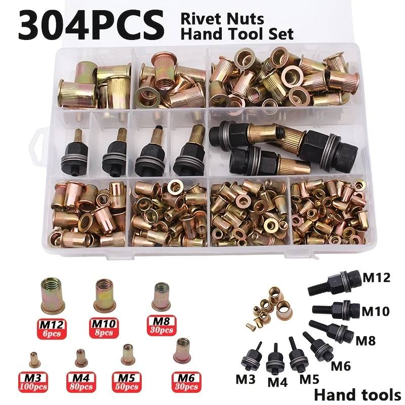 304pcs Rivet Nut And Manual Tool Set, Metric Rivet Nut Assortment (M3-M12), for Furniture, Decor, Automotive, Marine And Industr