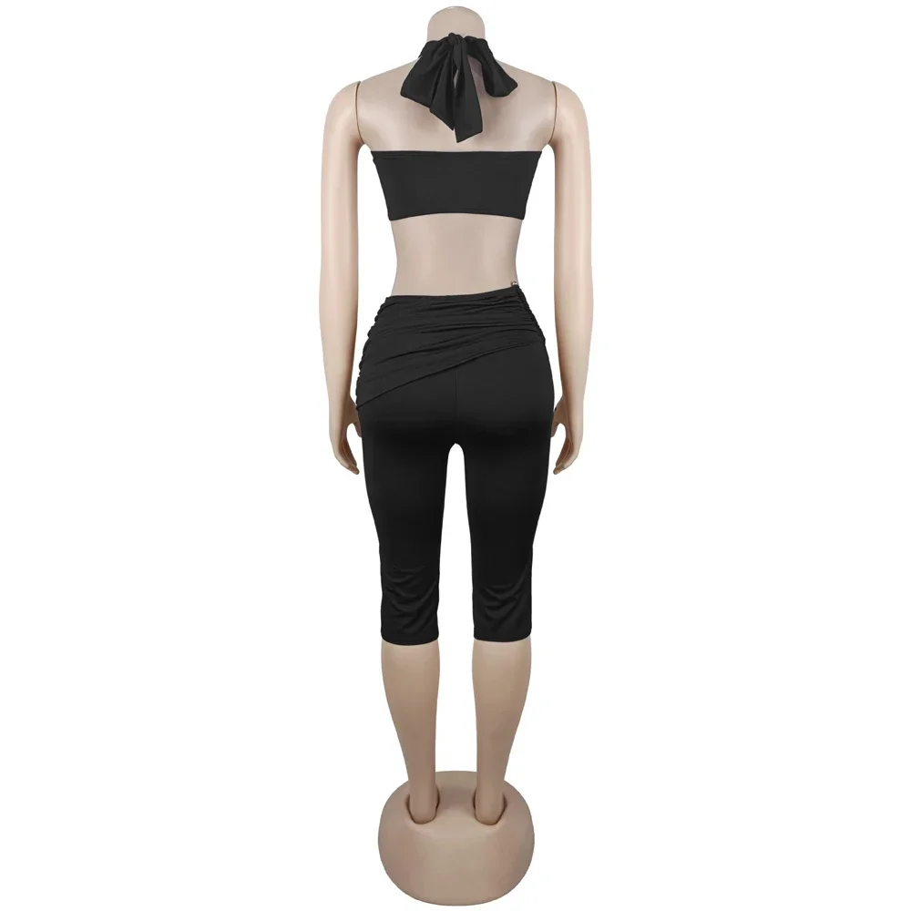 Women Halter Crop Top And High Waist Capri Pants Set Crisscross Front Bodycon Party Clubwear Outfit view 6