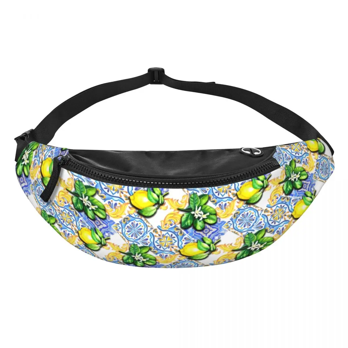 Custom Blue Tiles Lemons Summer Fruit Fanny Pack Men Women Casual Crossbody Waist Bag for Hiking Phone Money Pouch