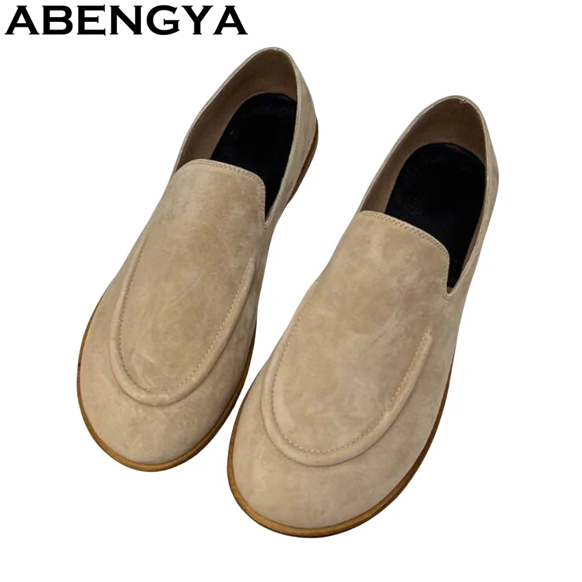 

ABENGYA Suede Leather Round Toe loafers Flat Shoes Women Casual Punk Shoes Summer Japanese Style Fashion Walk Shoes for Women