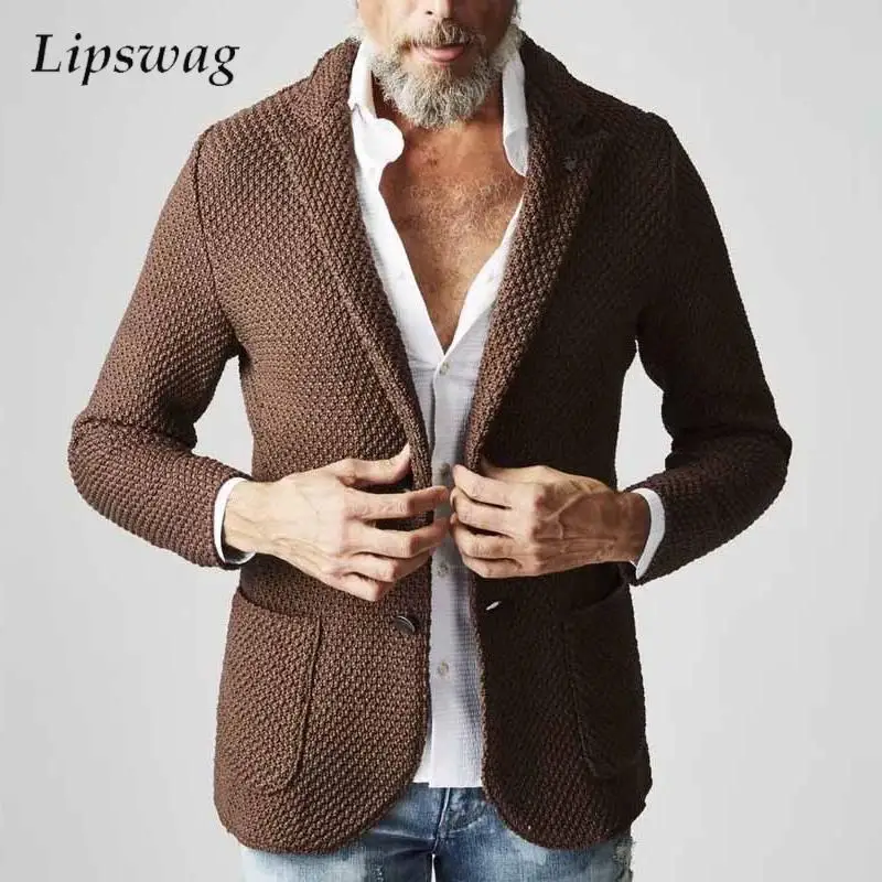 

Trendy Men's Sweater Cardigans Spring Autumn Stylish Single-breasted Lapel Knit Blazer Jacket Men Knitting Solid Color Outerwear