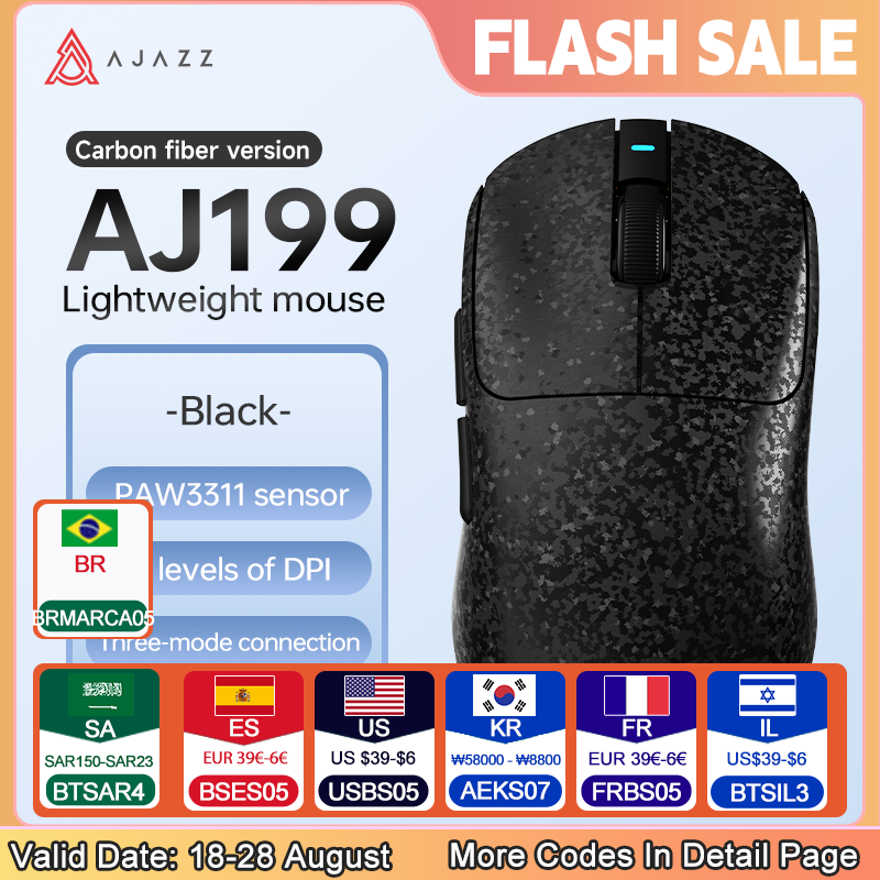  AJAZZ AJ199 carbon fiber 1K-wireless three-mode mouse PAW3311, weighing about 60g, lightweight design gaming mouse 