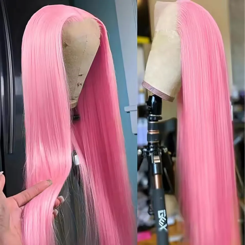 

13*4 Pink Wig Long Straight Synthetic Lace Front Wig Glueless Ready to Wear Hot Pink Pastel Hair Frontal Wigs for Women Party