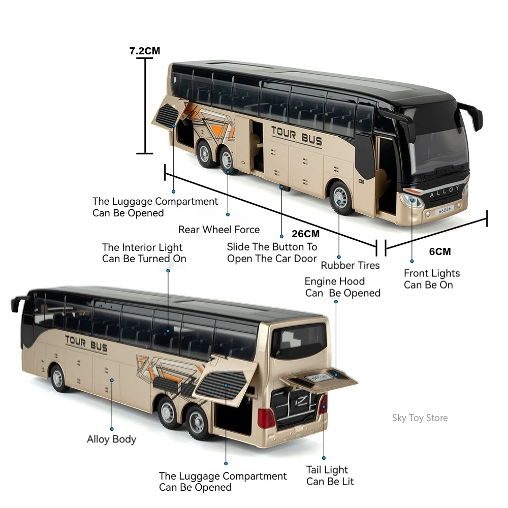 1:30 Biznesowy Pojedynczy Odlewany Model Autobusu Dwupoziomowego ze Stopu Metalu Zabawki Samochody Otwierane Drzwi Dźwięk Światło Auta z Napędem Pull Back Prezent na Boże Narodzenie dla Dzieci