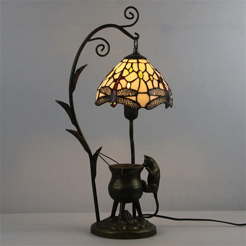 Hongcui Tiffany Glass Table Light LED Creative Resin Bedside Desk Lamp Flower Shape Lampshade For Home Living Room Bedroom