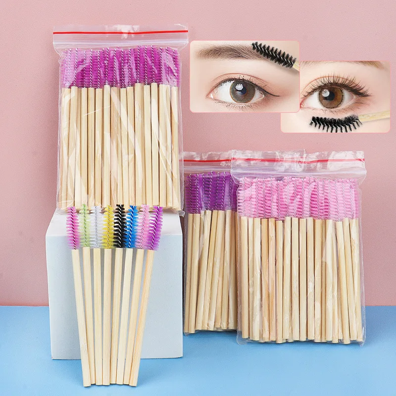 50 pçs descartável alça de bambu cílios sobrancelha maquiagem escova pincéis ferramentas 7 cores extensão dos cílios rímel ferramenta de maquiagem