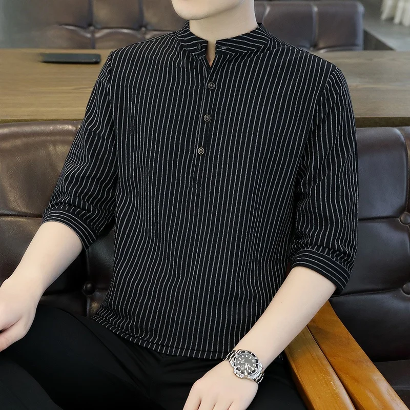 

Men's Cotton irt f Sve Stripe Pattern Casual Summer Faion Stand Collar ort Sve irt Loose Fit Button ...
