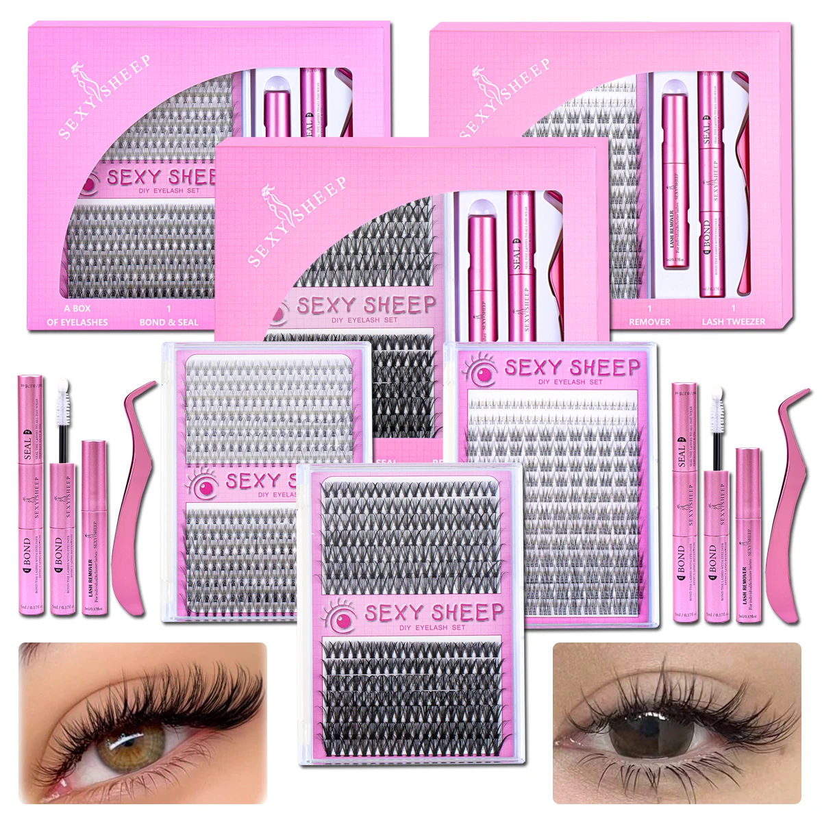 Kit de extensão de cílios, faça você mesmo, clusters de cílios, comprimento misto 8-16mm, kit de cílios individuais com ligação e vedação, pinça de cílios para se