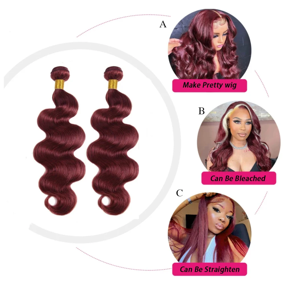 Extensões brasileiras do Weave do cabelo para mulheres, cabelo humano real, onda do corpo, cor vermelha do vinho, 99J, 1 pacotes, 3 pacotes