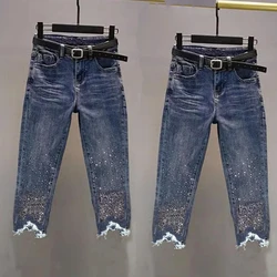 Jean slim avec strass pour femmes, pantalon Denim bleu, taille haute, streetwear coréen, printemps été 2023